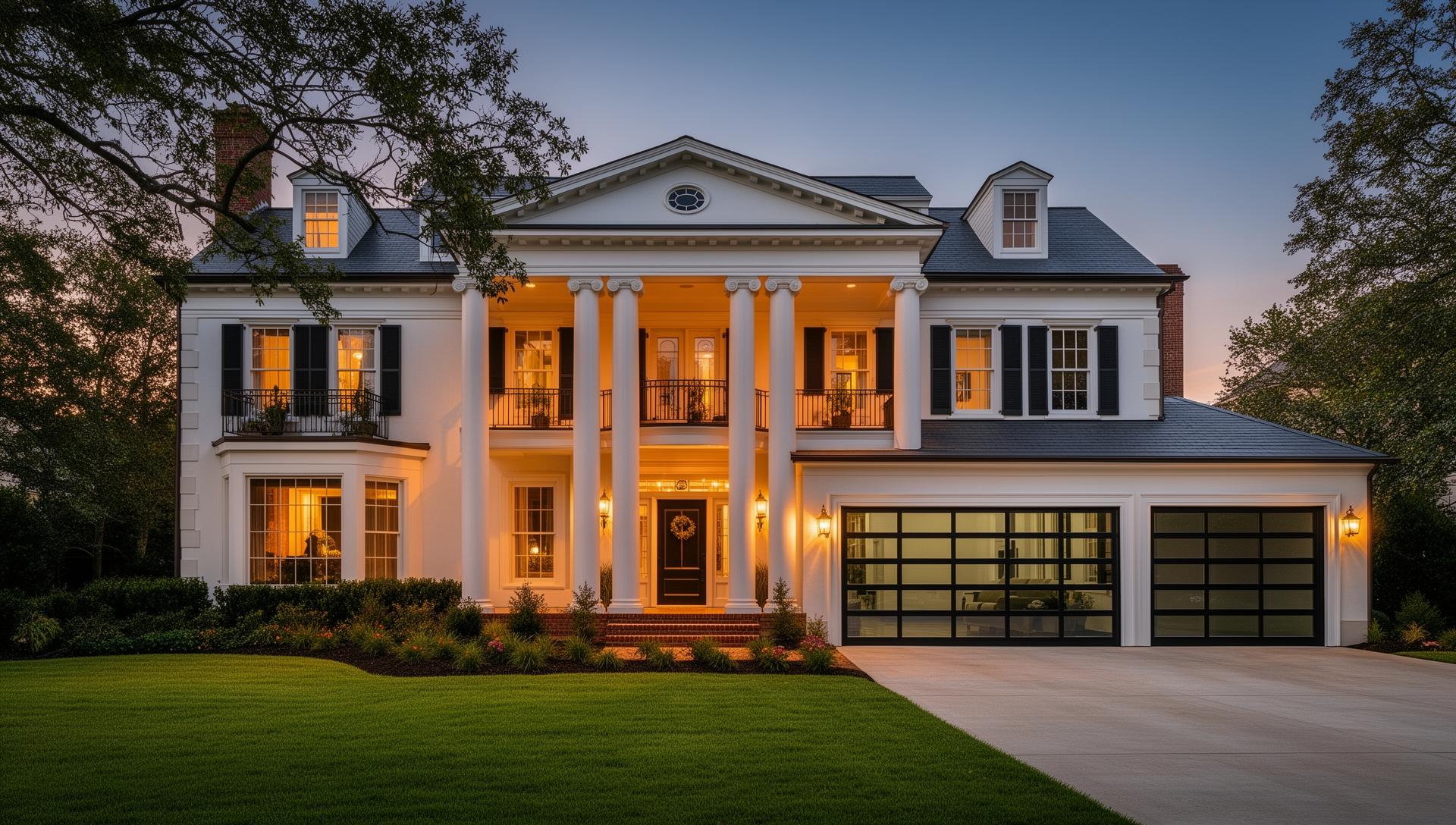 Luxury Georgian mansion with modern glass and aluminum garage doors at dusk